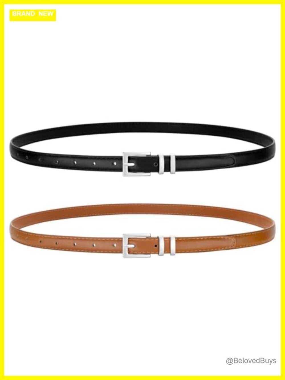 2 Pack Faux Leather Skinny Belts for Women with Shiny Buckle
